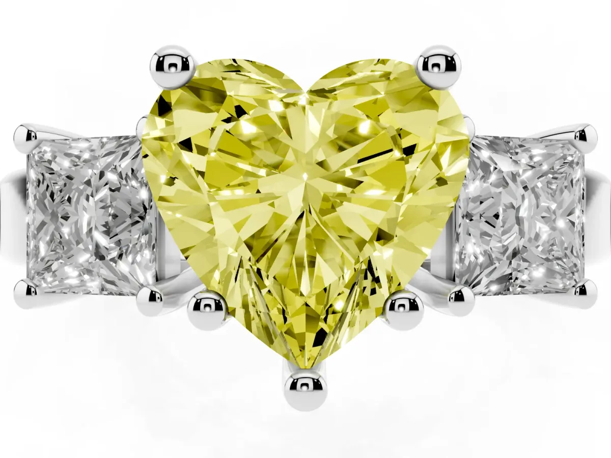 Fancy Yellow Three-Stone Heart Cut Cut Solitaire Ring with Prong Setting Silver