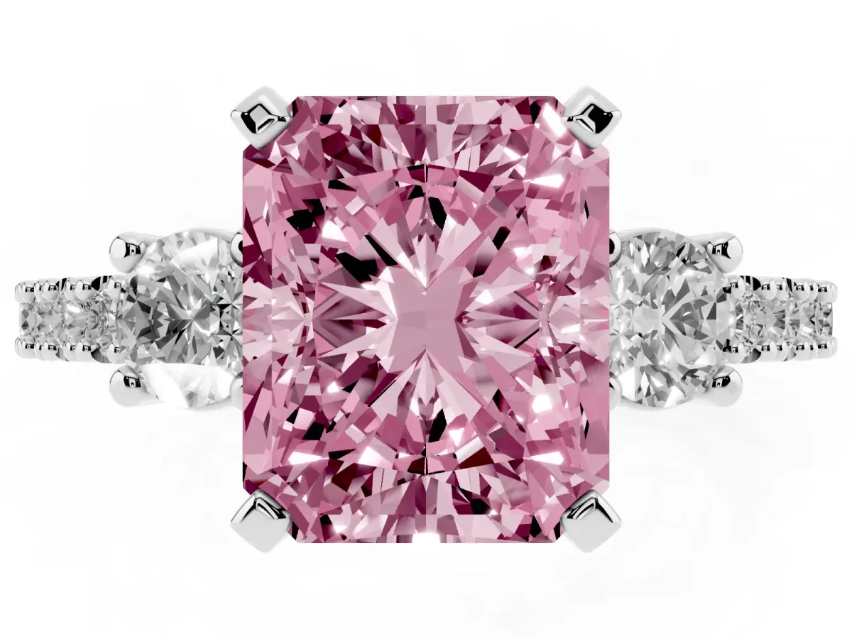 Fancy Pink Radiant Cut Three-Stone Diamond Pavé Band with Prong Setting Platinum