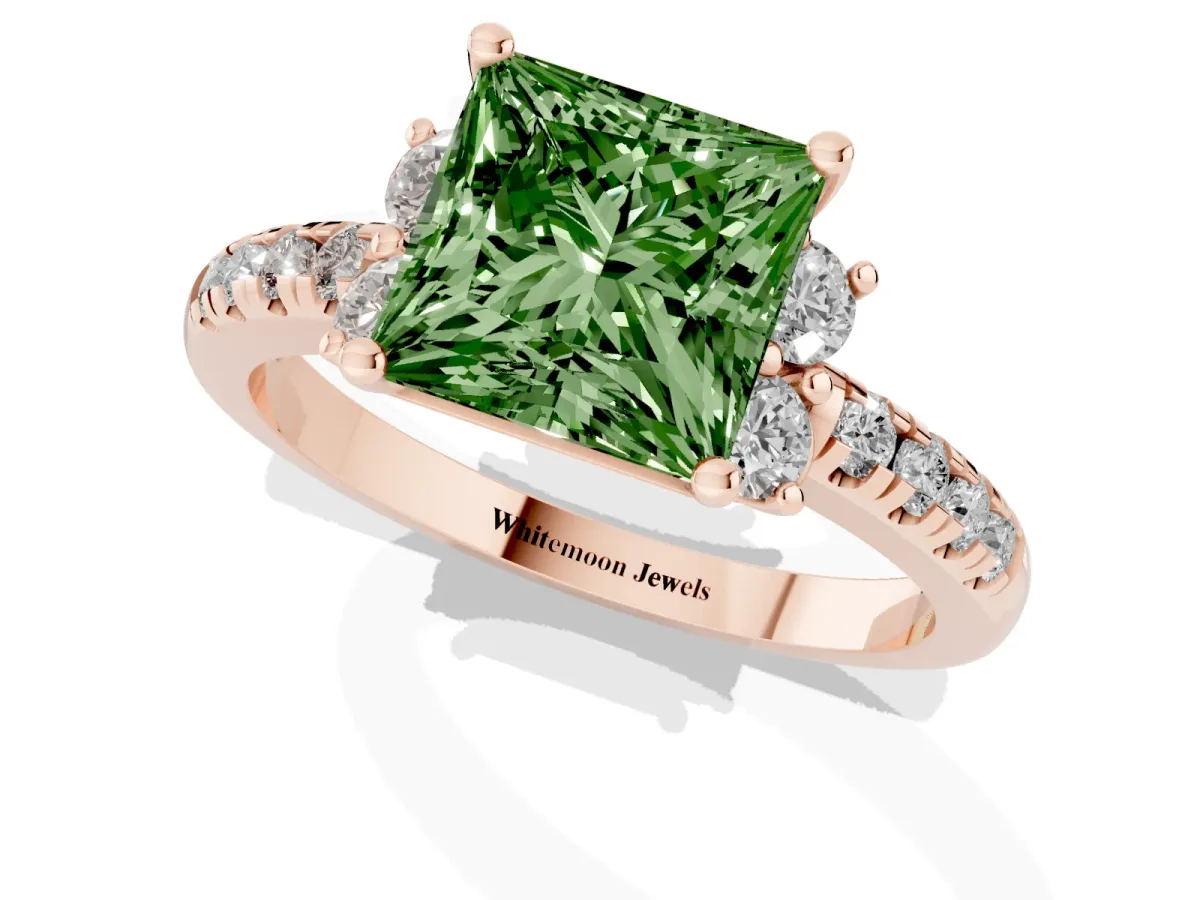 Fancy Green Princess Cut Diamond Three-Stone Pave Band with Four-Prong Setting Rose gold