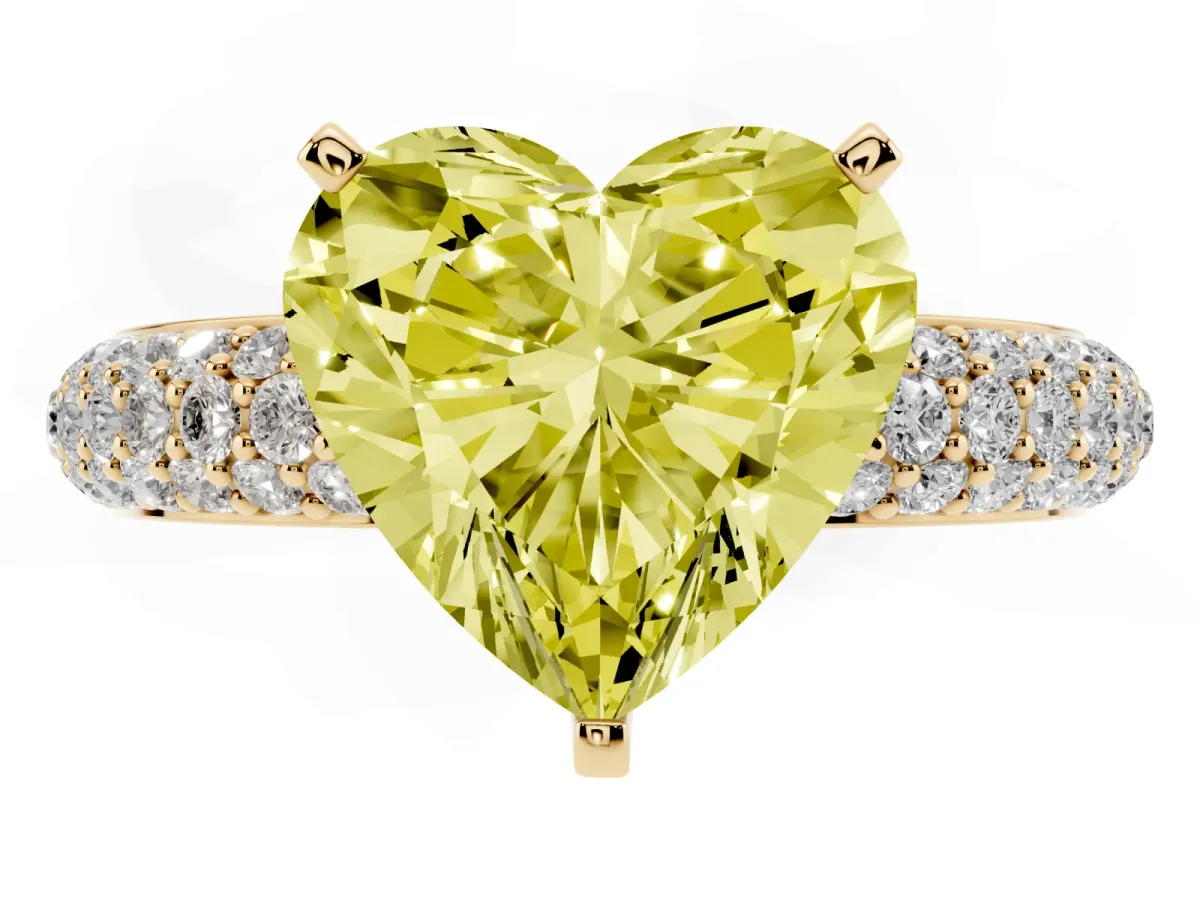 Fancy Yellow Heart Cut Diamond Solitaire Ring with Prong Setting and Pavé Band Yellow gold