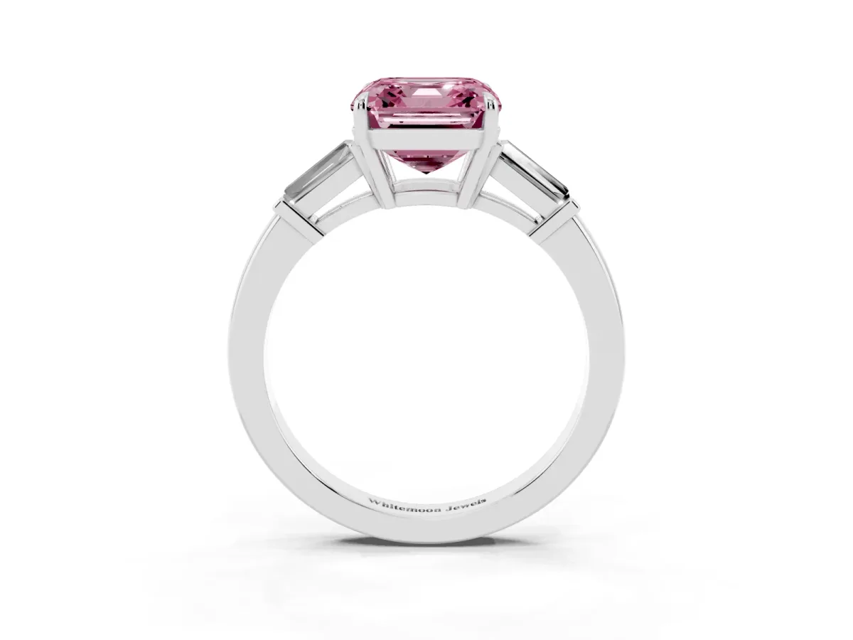 Fancy Pink Asscher Cut Diamond Three-Stone Ring with Tapered Baguette Side Stones and Prong Setting White gold