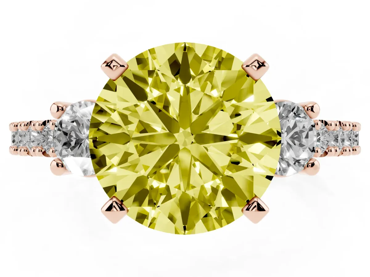 Fancy Yellow Round Cut Three-Stone Diamond Pavé Band with Prong Setting Rose gold