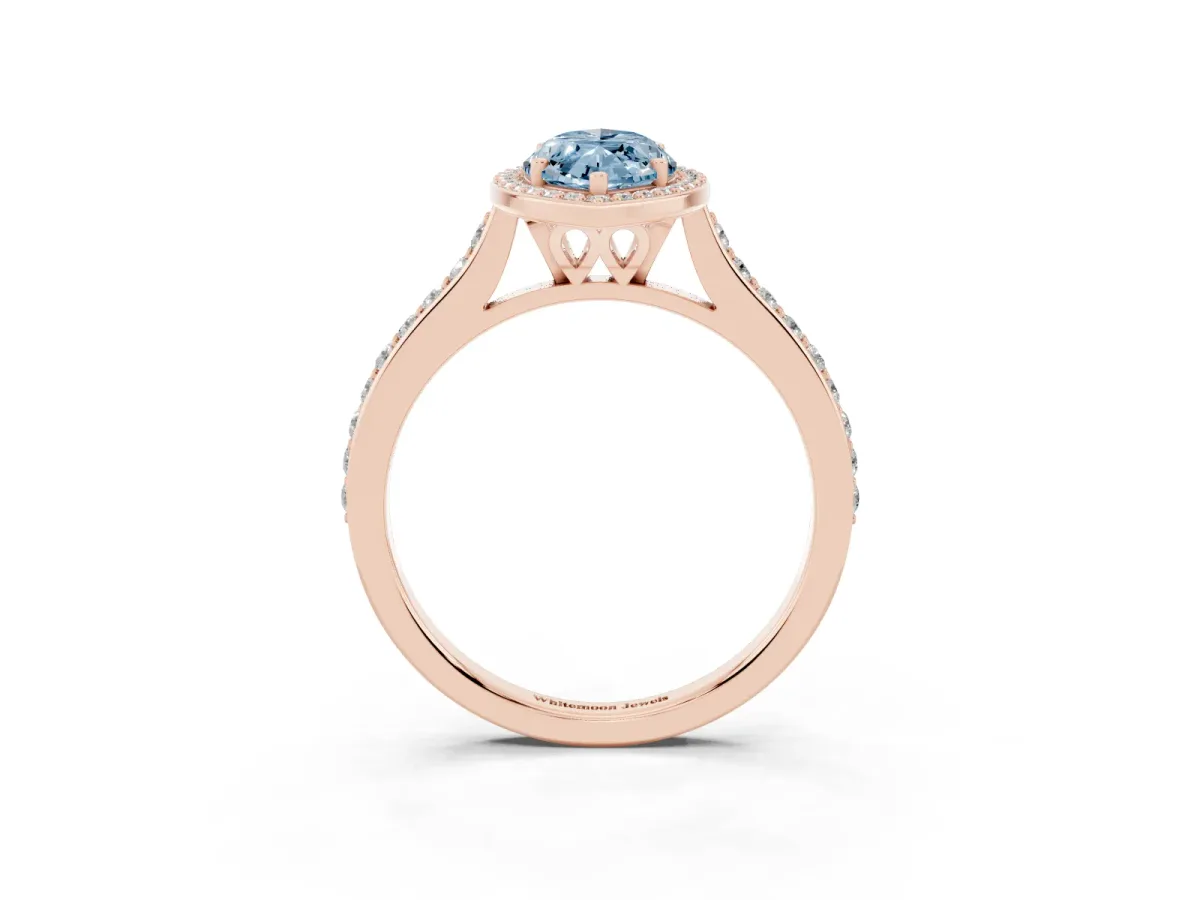 Fancy Blue Marquise Cut Diamond Halo Engagement Ring with Round Pavé Shoulders and Prong Setting Rose gold