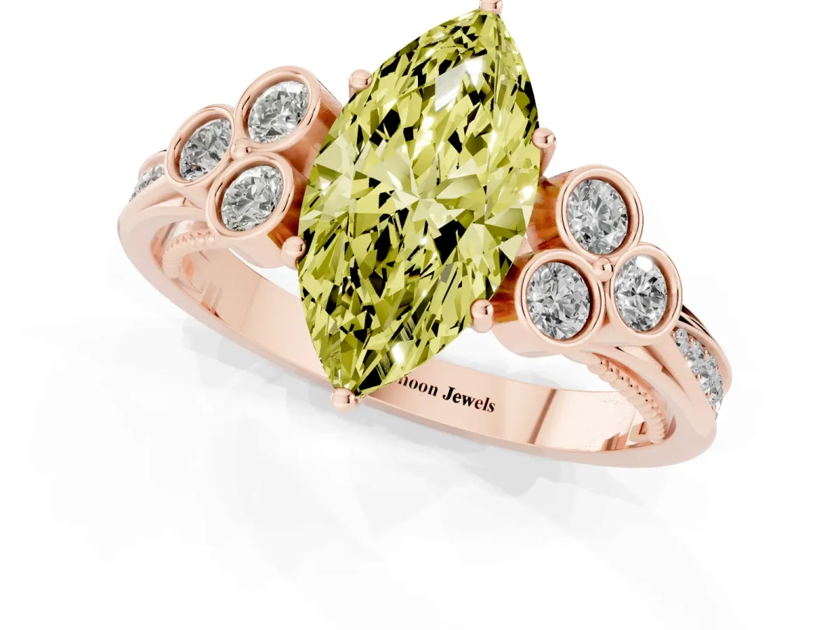 Fancy Yellow Marquise Cut Cut Diamond Engagement Ring with Bezel Set Round Side Stones and Prong Setting Rose gold
