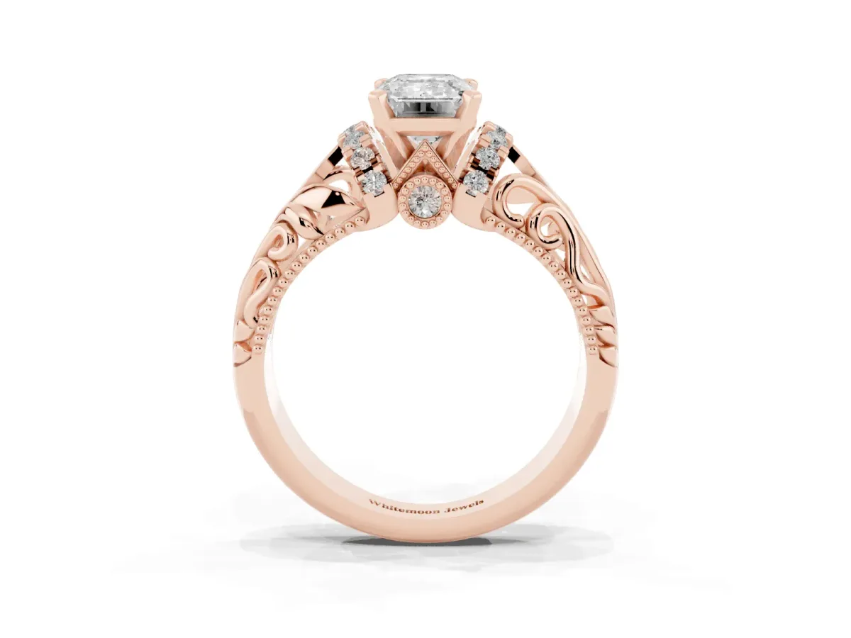 Emerald Cut Solitaire Filigree Engagement Ring with Halo and Prong Setting Rose gold
