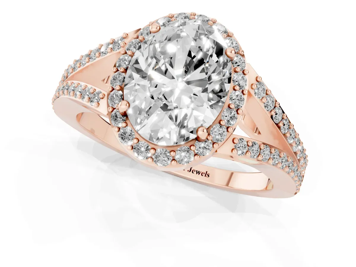Oval Cut Halo Split Shank Diamond Ring with Prong Setting Rose gold