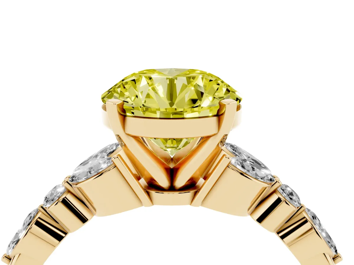 Fancy Yellow Round Cut Diamond Solitaire Ring with Side Stones and Four-Prong Setting Yellow gold