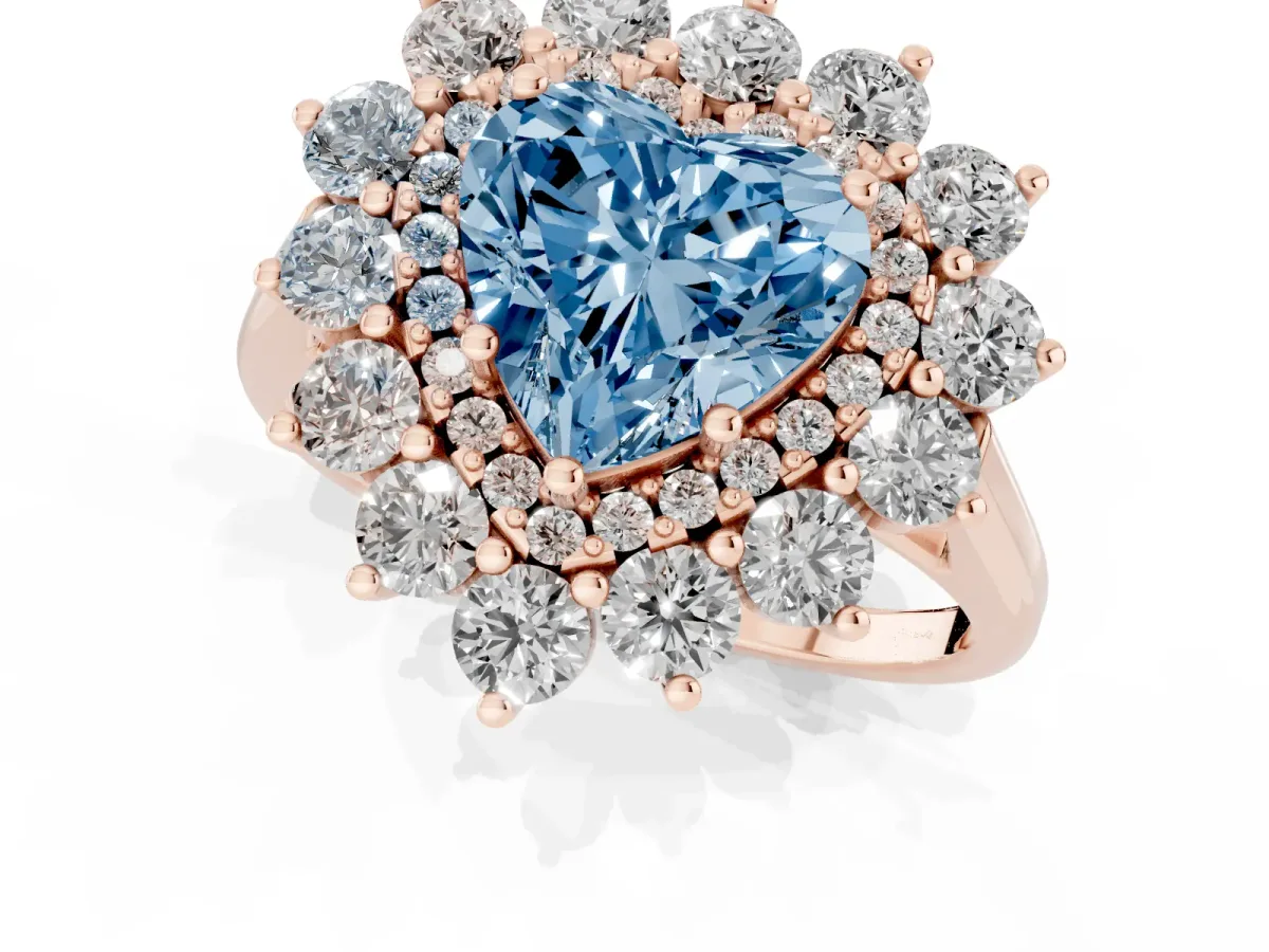 Fancy Blue Heart Cut Diamond Floral Double Halo Engagement Ring with Prong Setting Rose gold