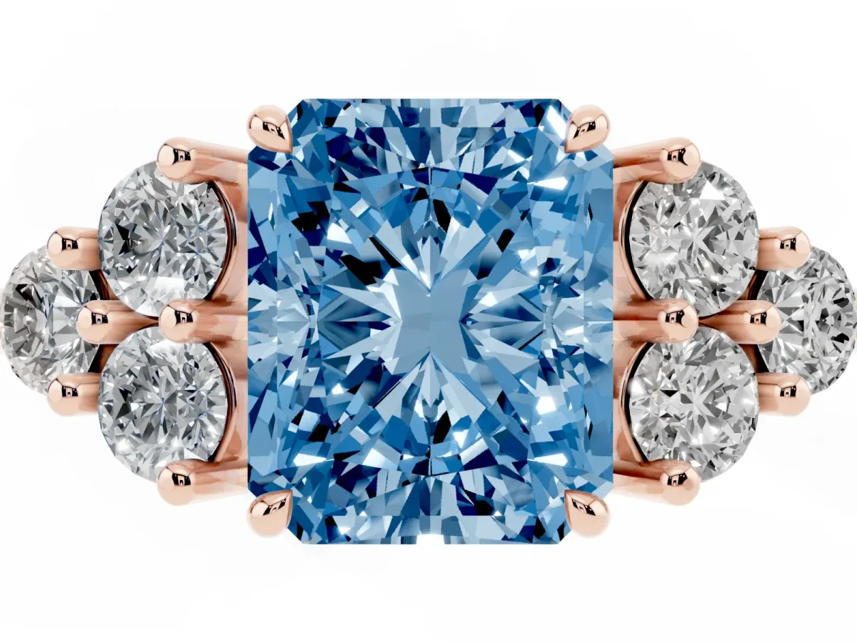 Fancy Blue Radiant Cut Brilliant Diamond Cluster Accent Solitaire Ring with Prong Setting Rose gold