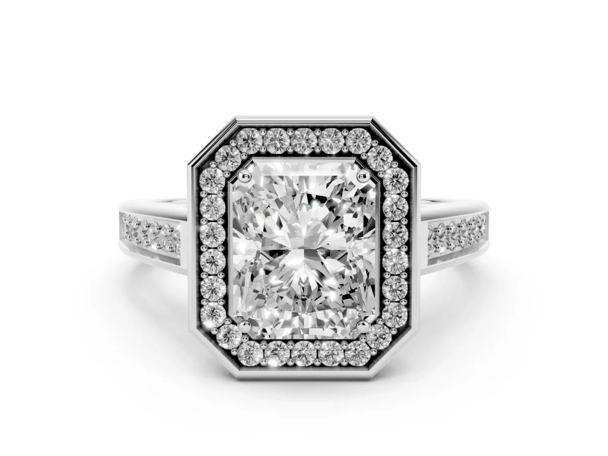 Radiant Cut Halo Solitaire Diamond Ring with Pave Band and Bezel Setting Silver