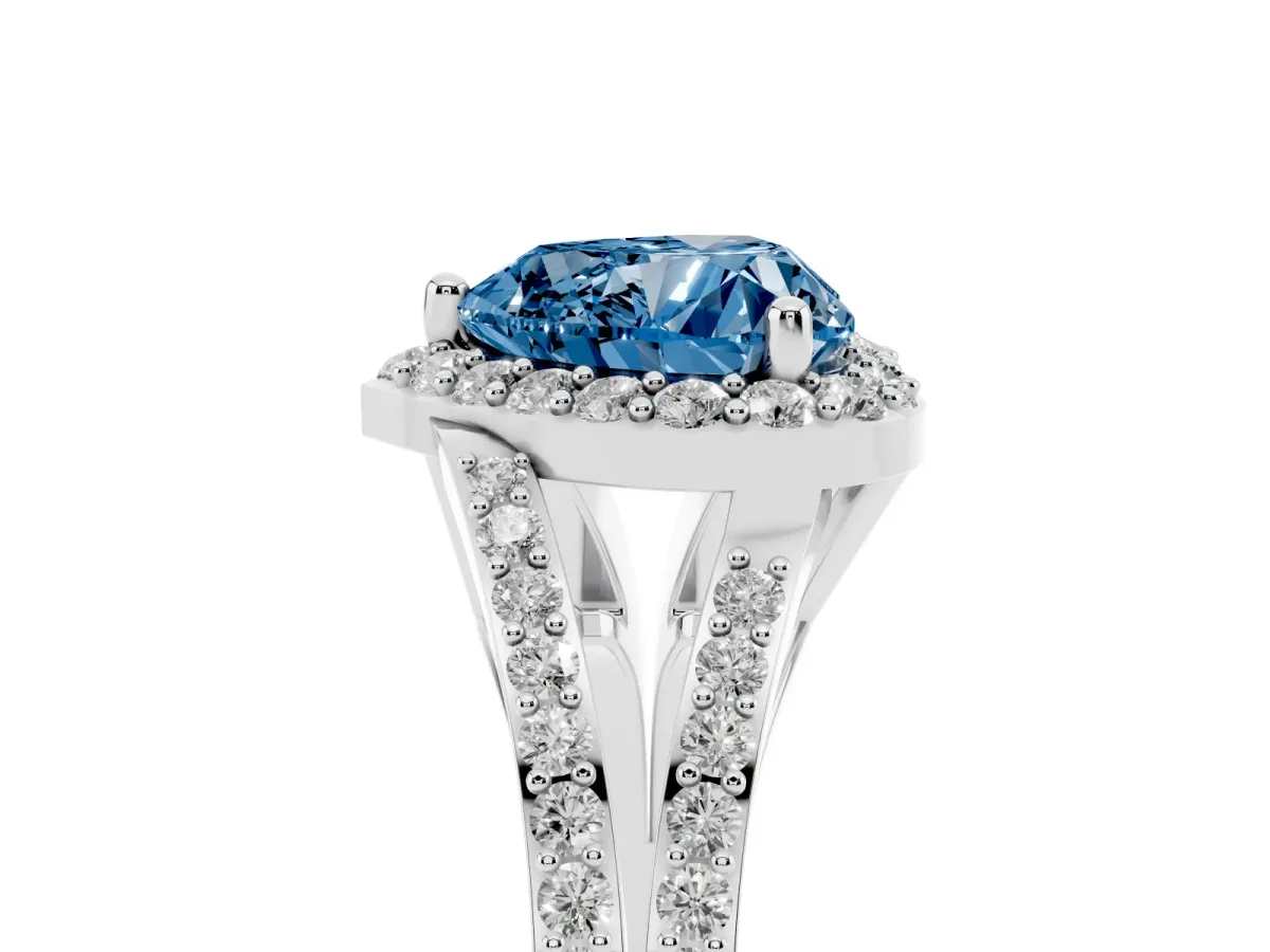 Fancy Blue Heart Cut Halo Split Shank Diamond Ring with Prong Setting Silver