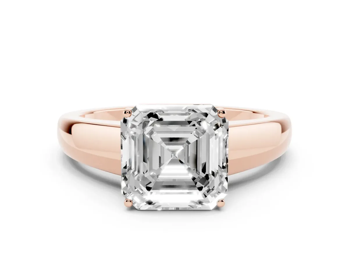 Asscher Cut Solitaire Diamond Ring with Tapered Band and Four-Prong Setting Rose gold
