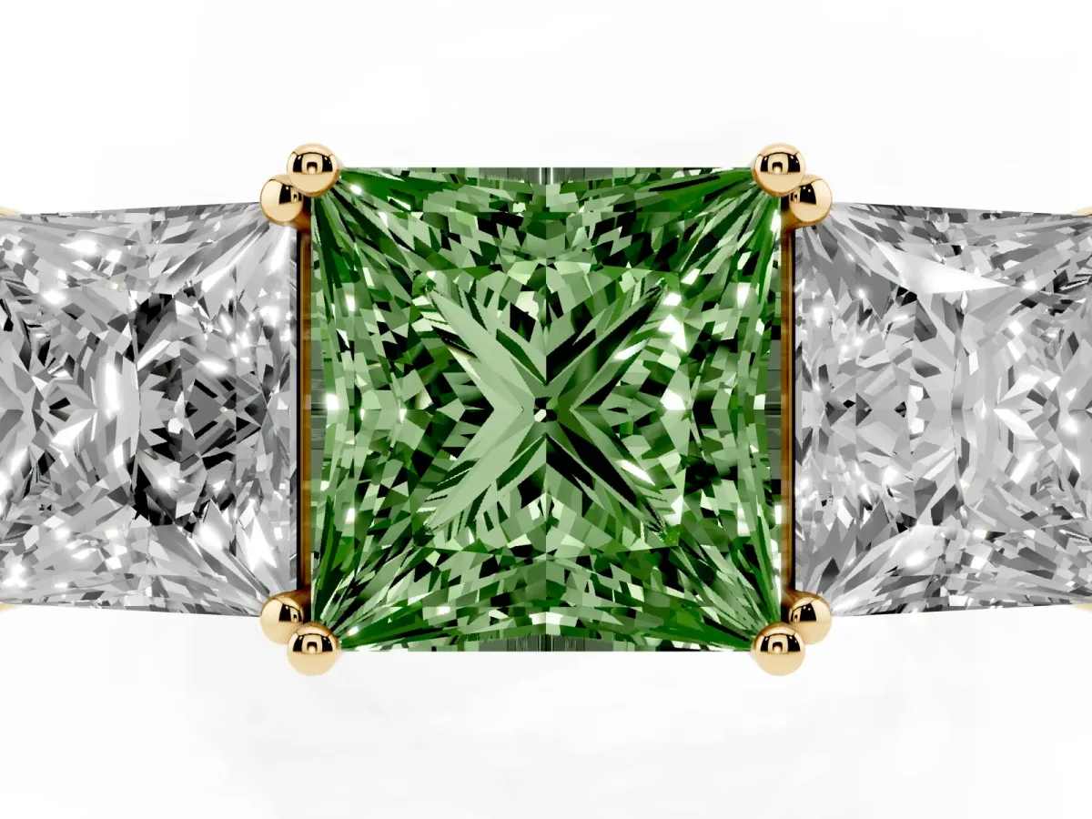 Fancy Green Princess Cut Diamond Three-Stone Ring with Prong Setting and Textured Band Yellow gold