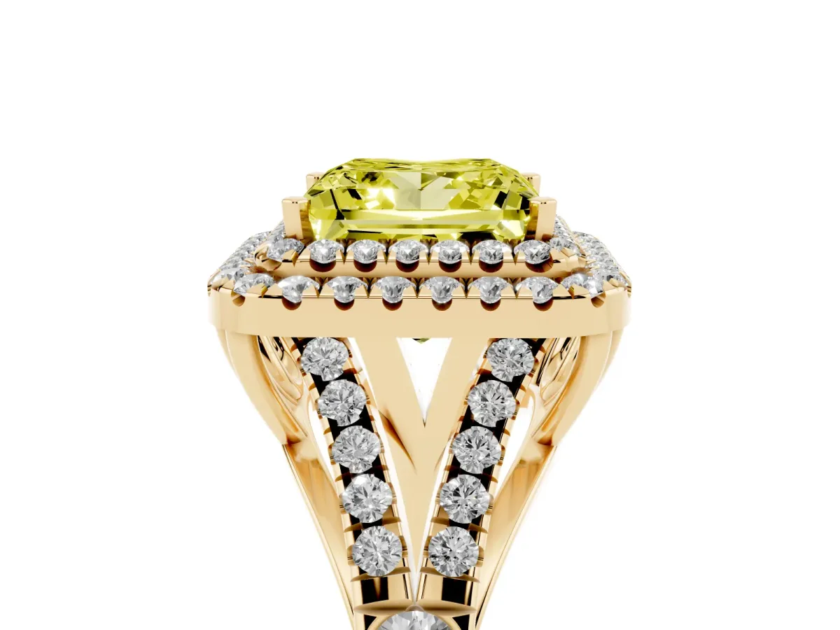 Fancy Yellow Princess Cut Diamond Double Halo Ring with Split Shank and Prong Setting Yellow gold