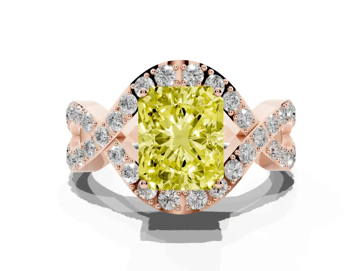Fancy Yellow Radiant Cut Solitaire Twist Band Pavé Diamond Engagement Ring Rose gold