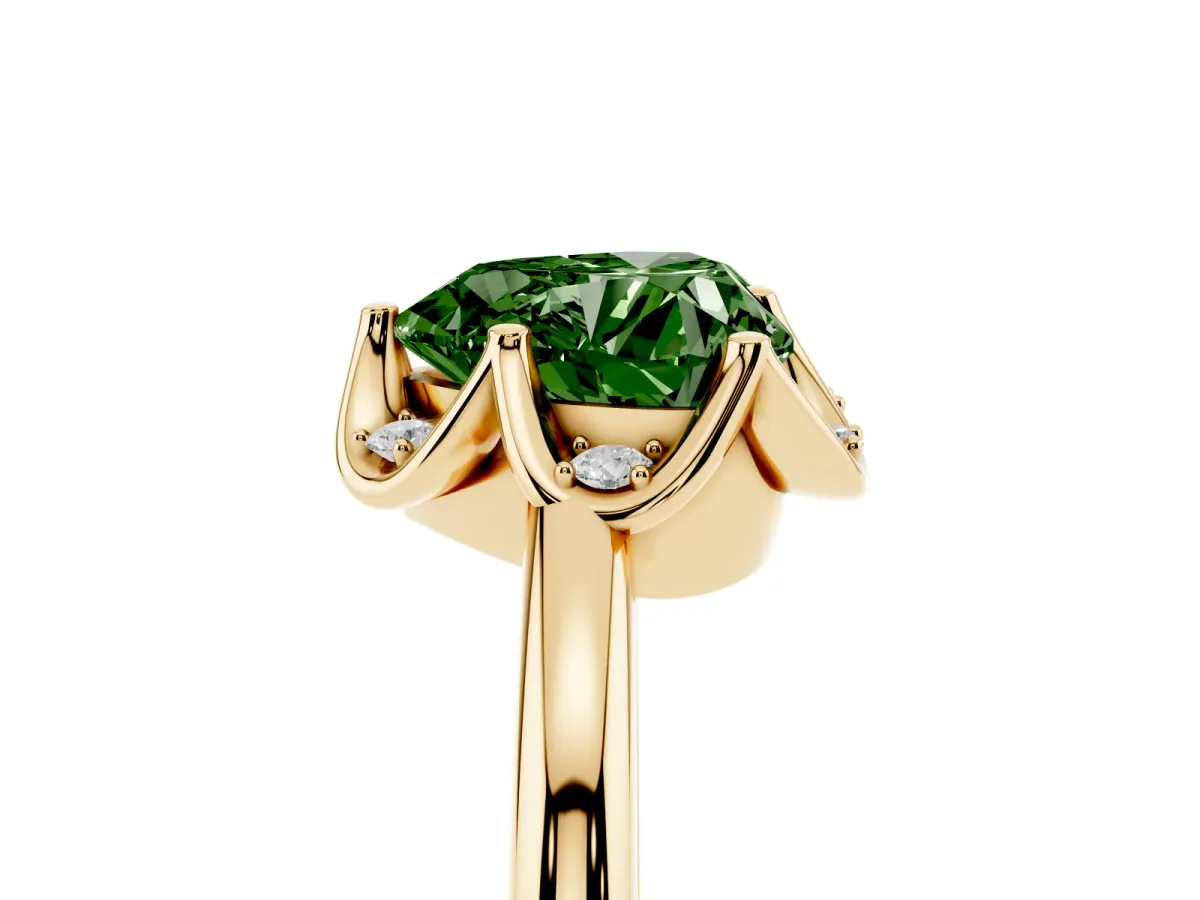 Fancy Green Heart Cut Halo Diamond Ring with Round Cluster Setting, Solitaire Band, and Four-Prong Setting Yellow gold