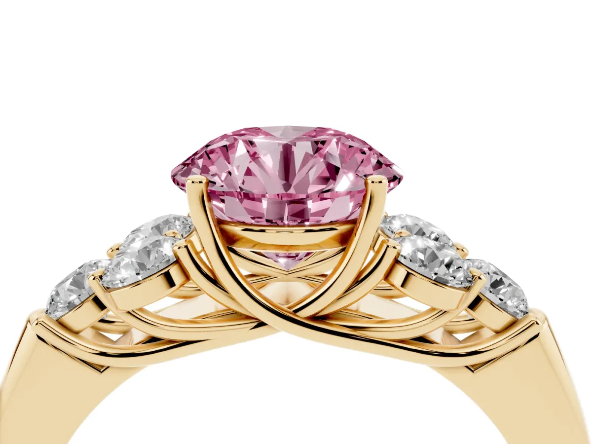 Fancy Pink Round Cut Cut Diamond Cluster Ring with Round Accent Stones and Prong Setting on a Classic Band Yellow gold