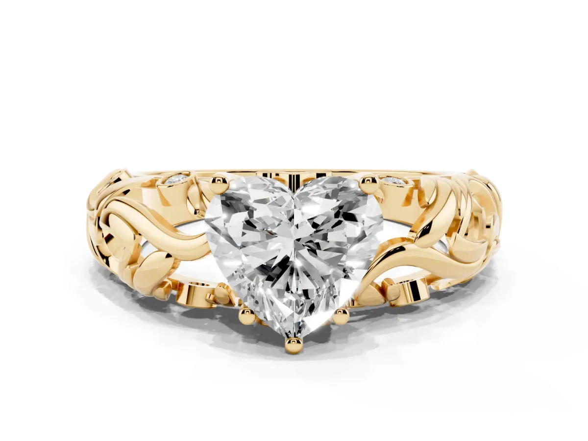 Heart Cut Solitaire Diamond Leaf-Inspired Vine Band Ring with Prong Setting Yellow gold