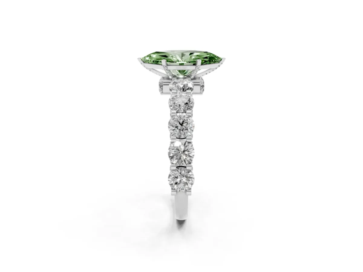 Fancy Green Marquise Cut Diamond Side Stone Engagement Ring with Four-Prong Setting White gold