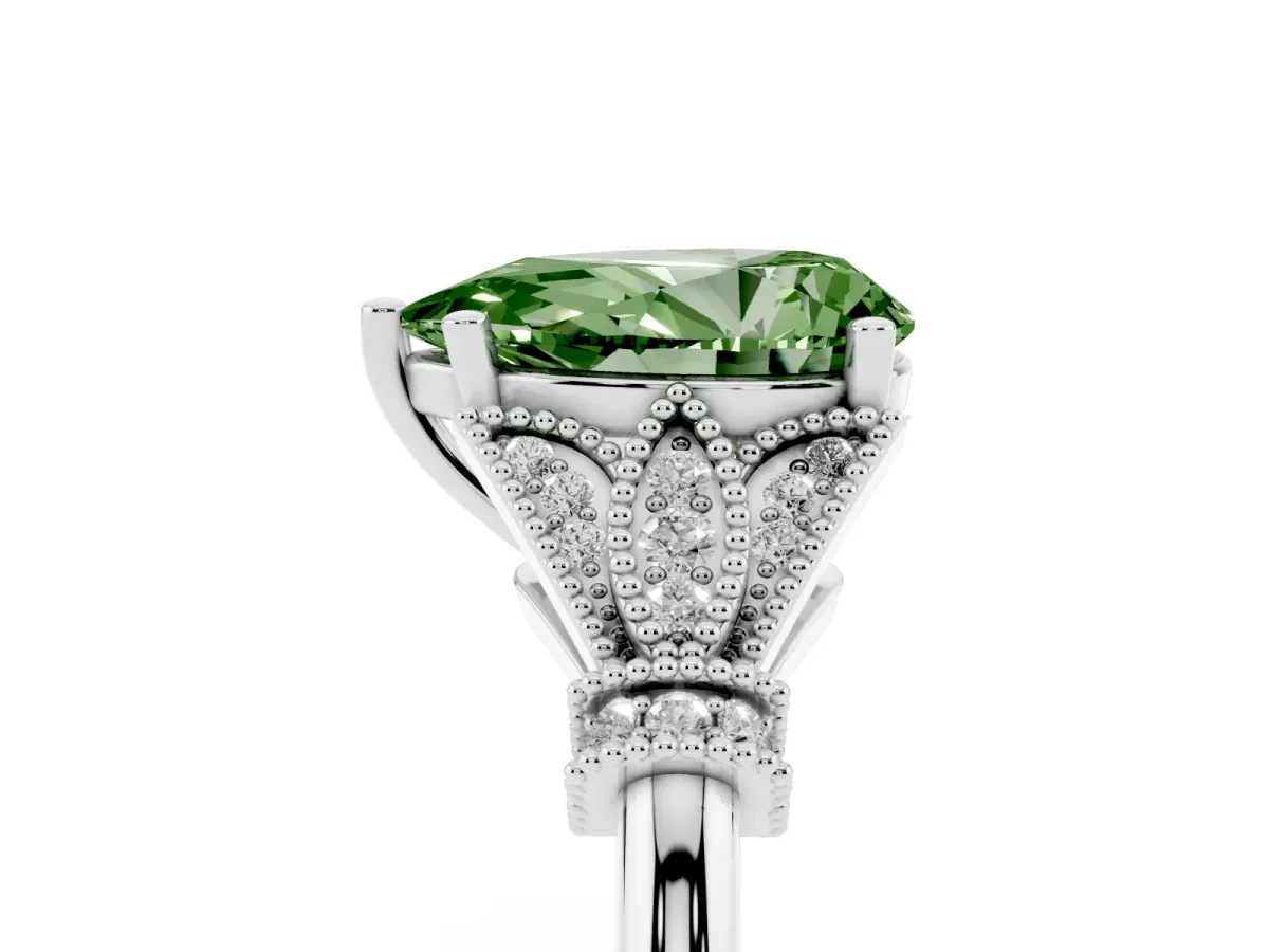 Fancy Green Pear Cut Diamond Solitaire Ring with Floral Filigree and Pave Accents Silver