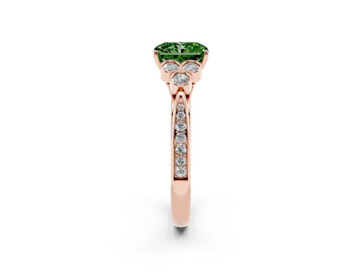 Fancy Green Radiant Cut Cut Diamond Engagement Ring with Bezel Set Round Side Stones and Prong Setting Rose gold