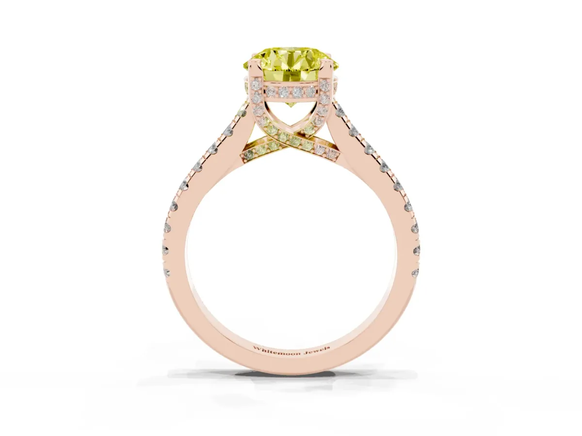 Fancy Yellow Round Cut Brilliant Diamond Solitaire with Pavé Band and Four-Prong Setting Rose gold