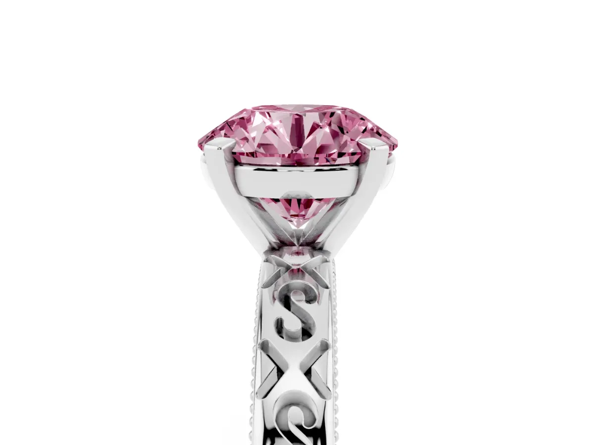 Fancy Pink Round Cut Solitaire Engagement Ring with Scrollwork Band and Four-Prong Setting Silver