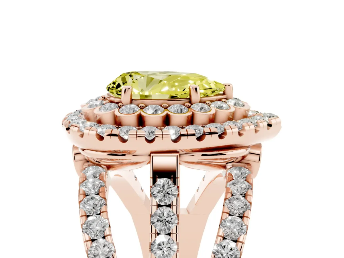 Fancy Yellow Pear Cut Diamond Double Halo Ring with Round Pavé Split Shank and Prong Setting Rose gold