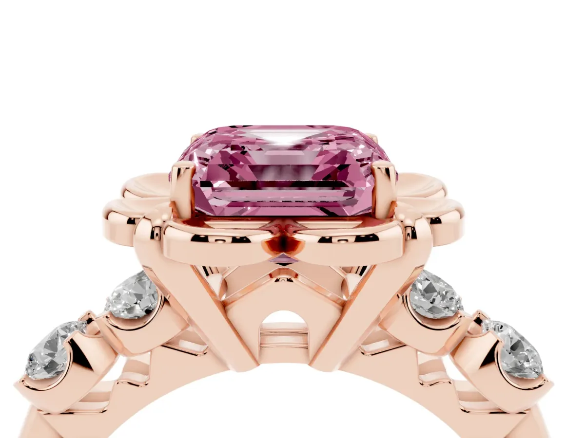 Fancy Pink Asscher Cut Cut Diamond Floral Halo Engagement Ring with Shared Prong Setting Rose gold