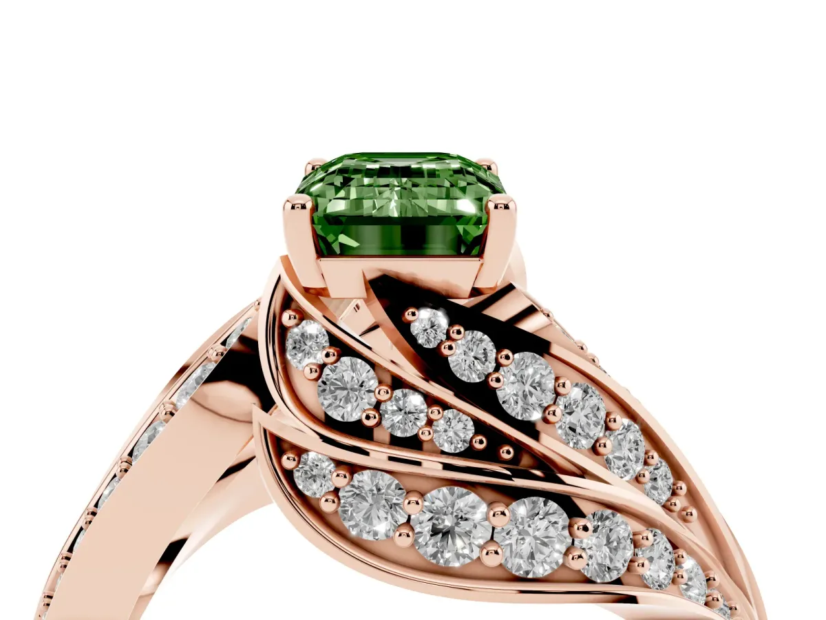 Fancy Green Emerald Cut Diamond Solitaire Ring with Prong Setting and Twisted Pavé Band Rose gold