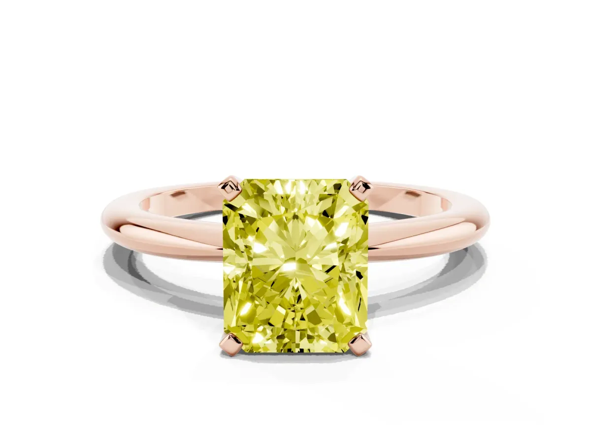 Fancy Yellow Radiant Cut Diamond Solitaire Ring with Prong Setting and Classic Band Rose gold