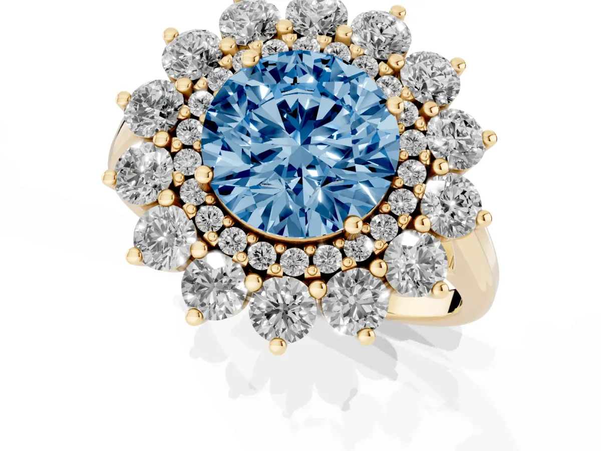 Fancy Blue Round Cut Diamond Floral Double Halo Engagement Ring with Prong Setting Yellow gold