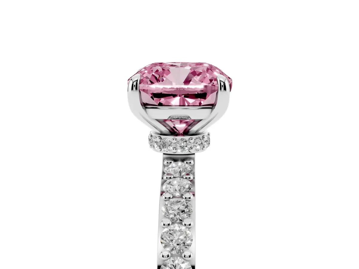 Fancy Pink Cushion Cut Diamond Solitaire Engagement Ring with Pavé Band and Four-Prong Setting White gold