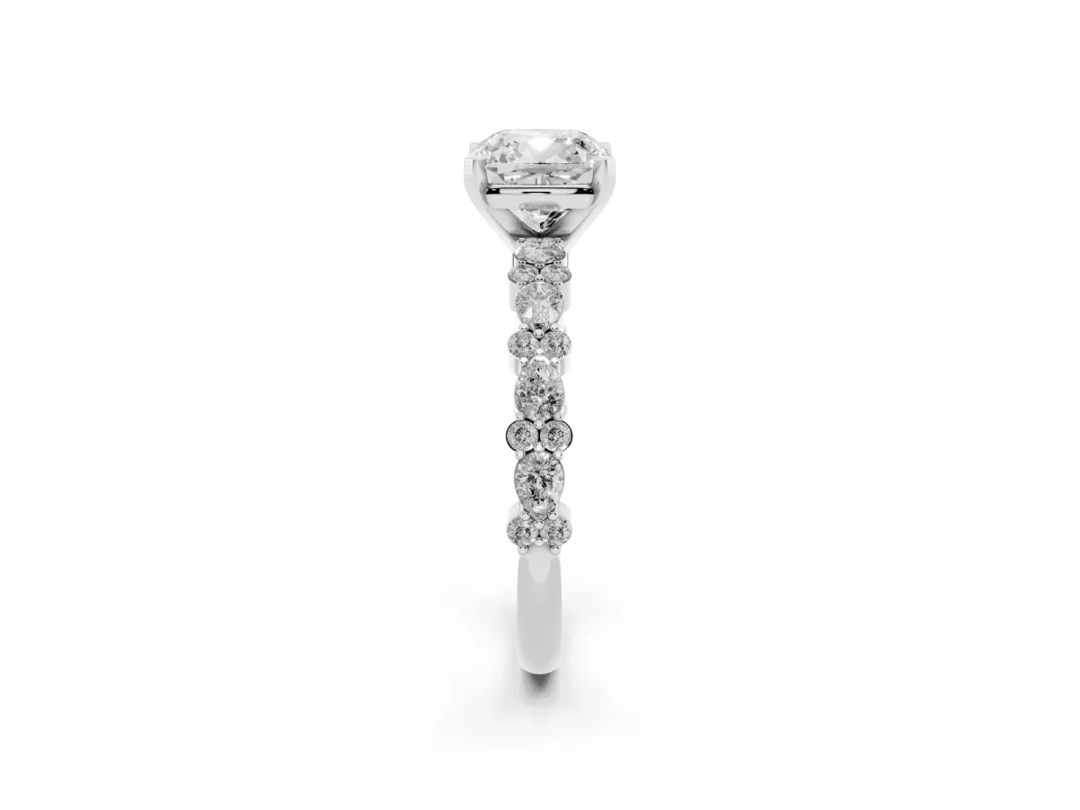 Cushion Cut Diamond Side Stone Solitaire Ring with Round and Four-Prong Setting Silver