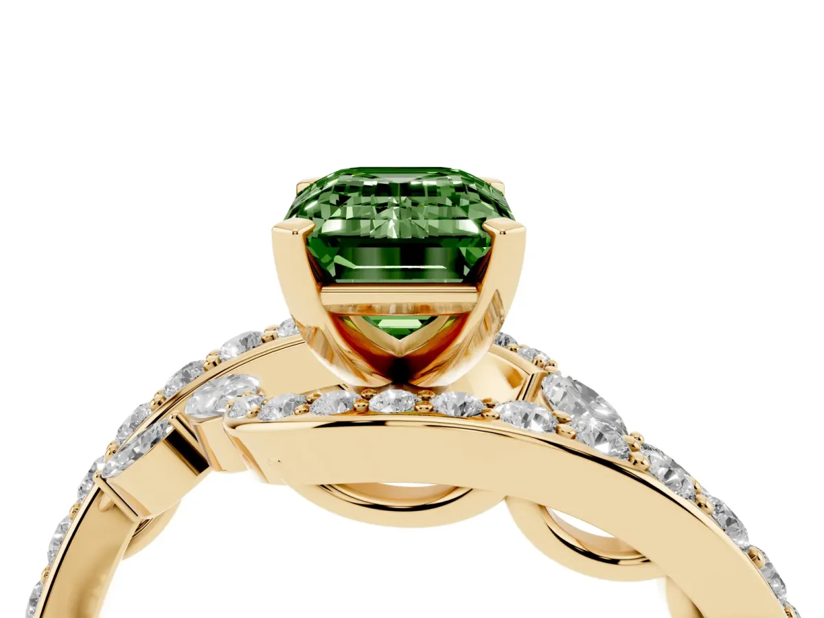 Fancy Green Emerald Cut Solitaire with Pavé Twist Band and Four-Prong Setting Yellow gold