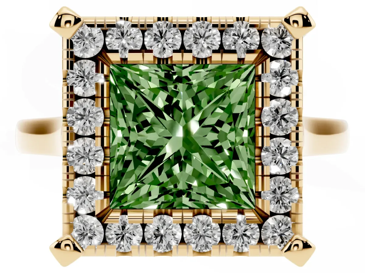 Fancy Green Princess Cut Diamond Cluster Halo Solitaire with Four-Prong Setting Yellow gold