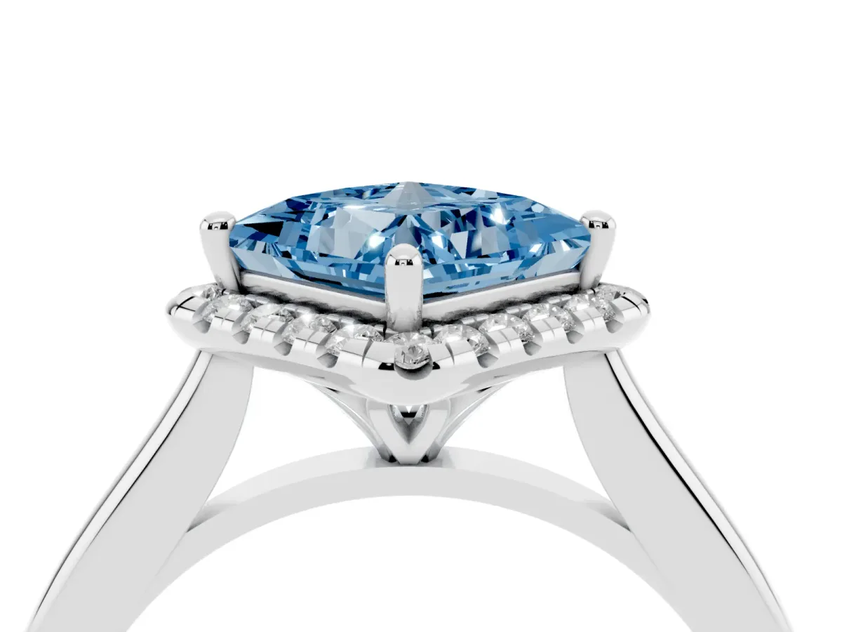 Fancy Blue Princess Cut Halo Round Diamond Solitaire Engagement Ring with Pave Band and Four-Prong Setting White gold