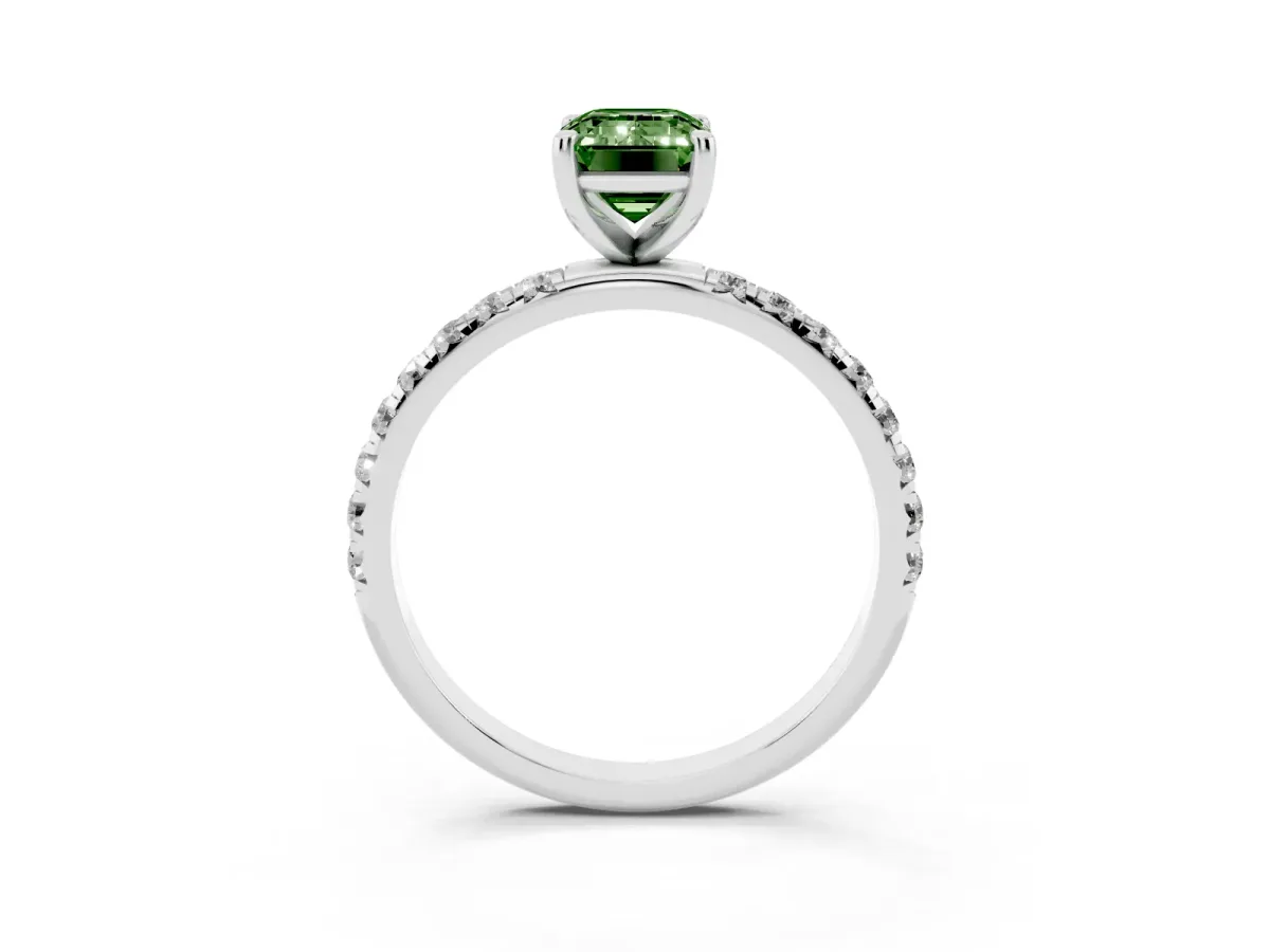 Fancy Green Emerald Cut Cut Diamond Solitaire Ring with Micro Pave Band and Four Prong Setting Silver