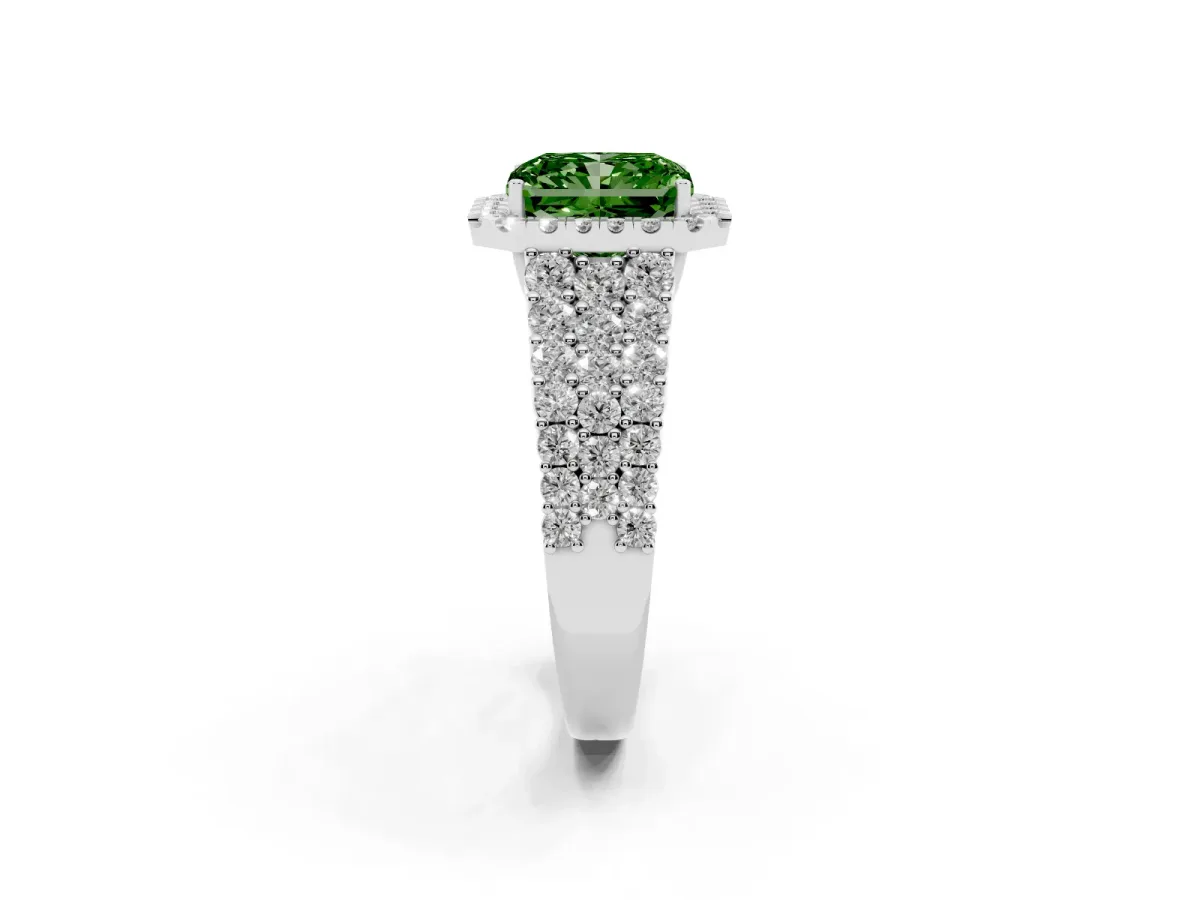 Fancy Green Radiant Cut Diamond Halo Engagement Ring with Triple Row Round Pavé Band and Prong Setting Silver