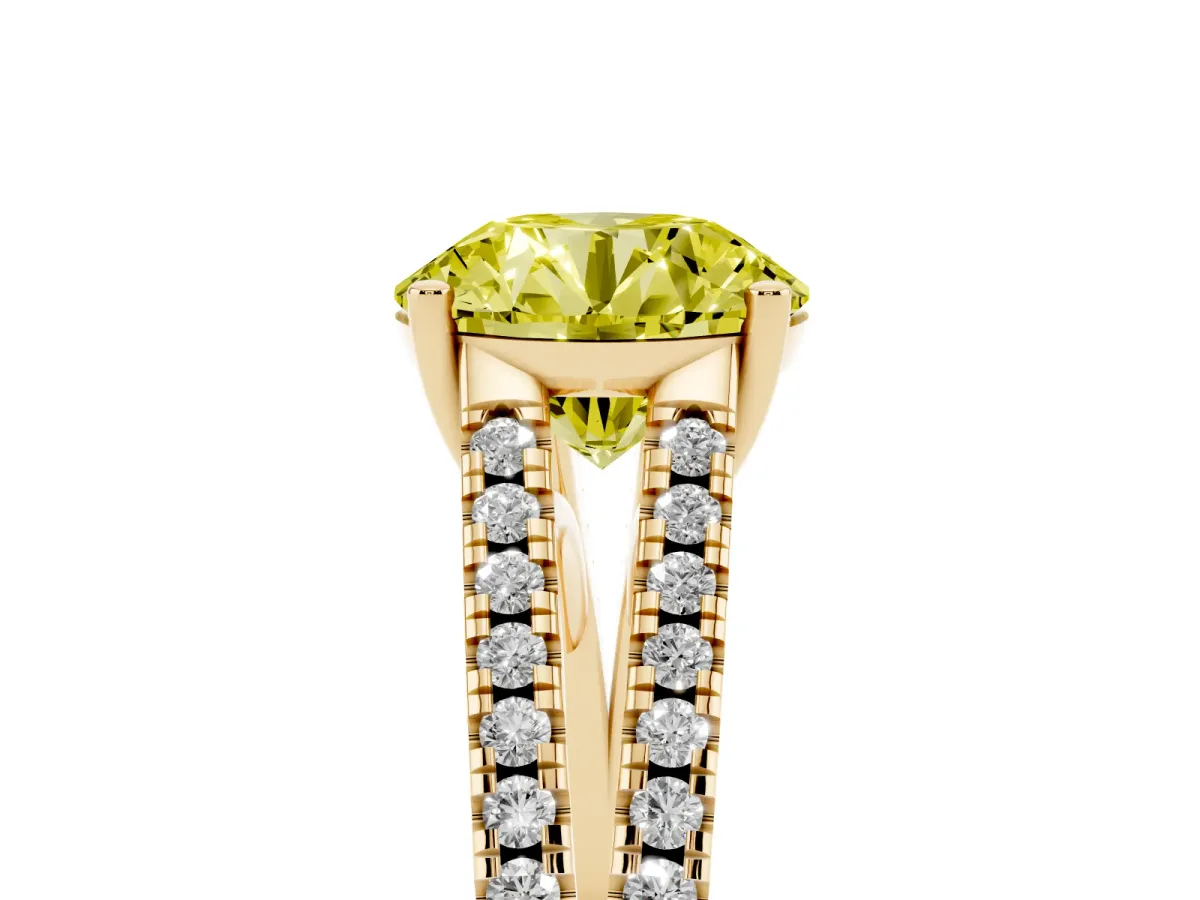 Fancy Yellow Round Cut Diamond Solitaire Engagement Ring with Split Shank Pavé Band Yellow gold