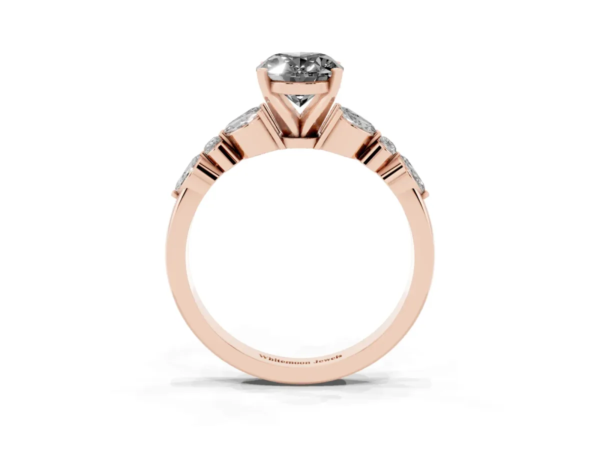 Fancy Black Oval Cut Diamond Solitaire Ring with Side Stones and Four-Prong Setting Rose gold