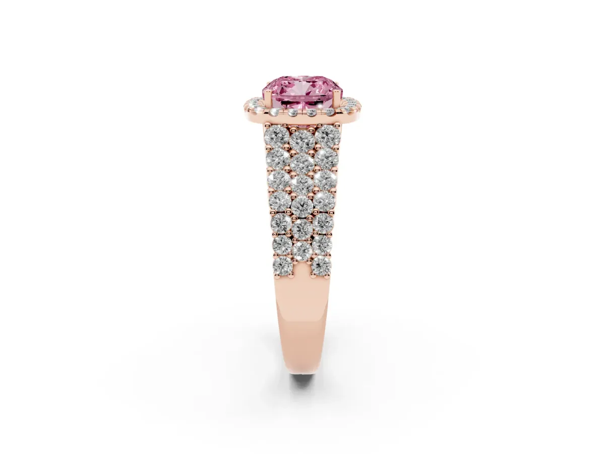 Fancy Pink Cushion Cut Diamond Halo Engagement Ring with Triple Row Round Pavé Band and Prong Setting Rose gold