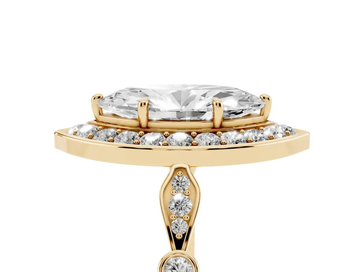 Marquise Cut Halo Diamond Engagement Ring with Twisted Band and Four-Prong Setting Yellow gold