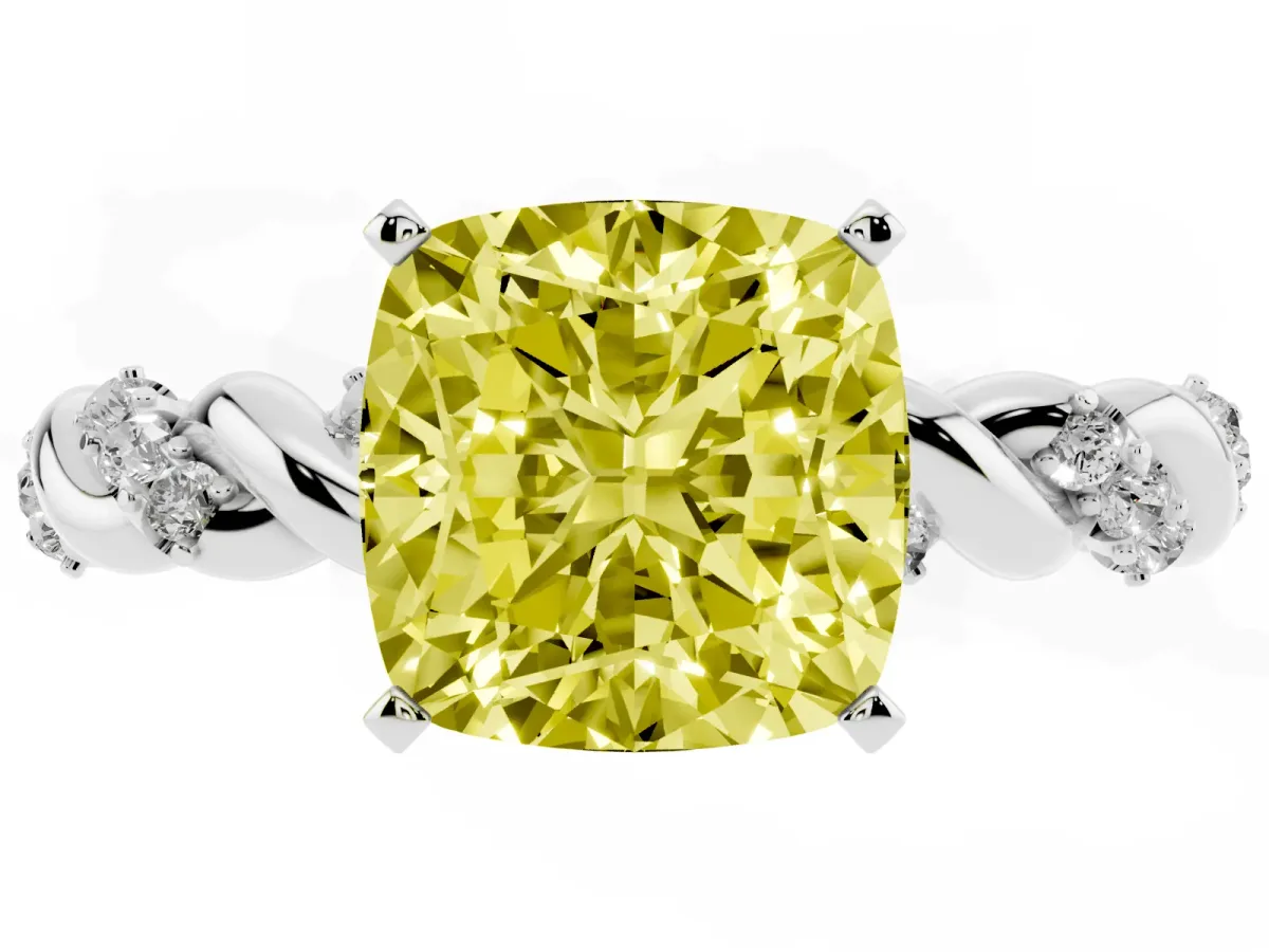 Fancy Yellow Cushion Cut Diamond Solitaire Ring with Twisted Band and Pavé Accents White gold
