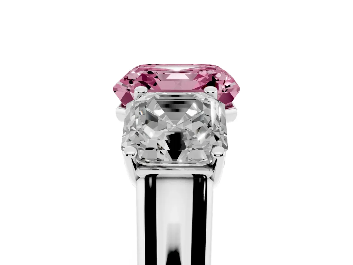 Fancy Pink Asscher Cut Three-Stone Diamond Ring with Prong Setting on a Classic Band Platinum