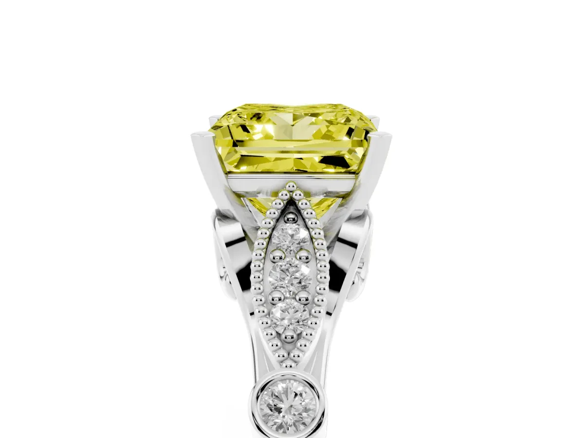 Fancy Yellow Princess Cut Cut Diamond with Milgrain Marquise and Bezel Accents on a Solitaire Band with Prong Setting White gold
