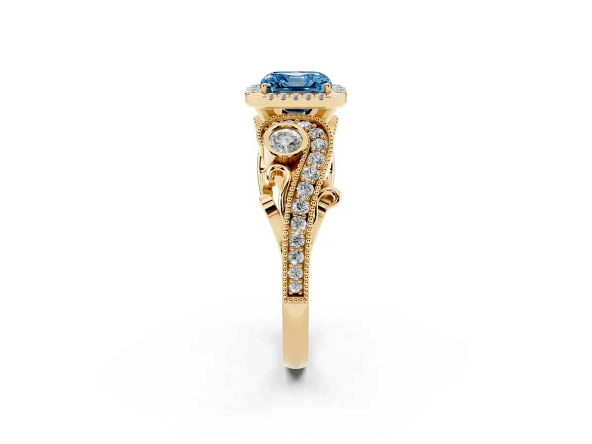 Fancy Blue Asscher Cut Diamond Halo Ring with Milgrain Pavé Band and Four-Prong Setting Yellow gold