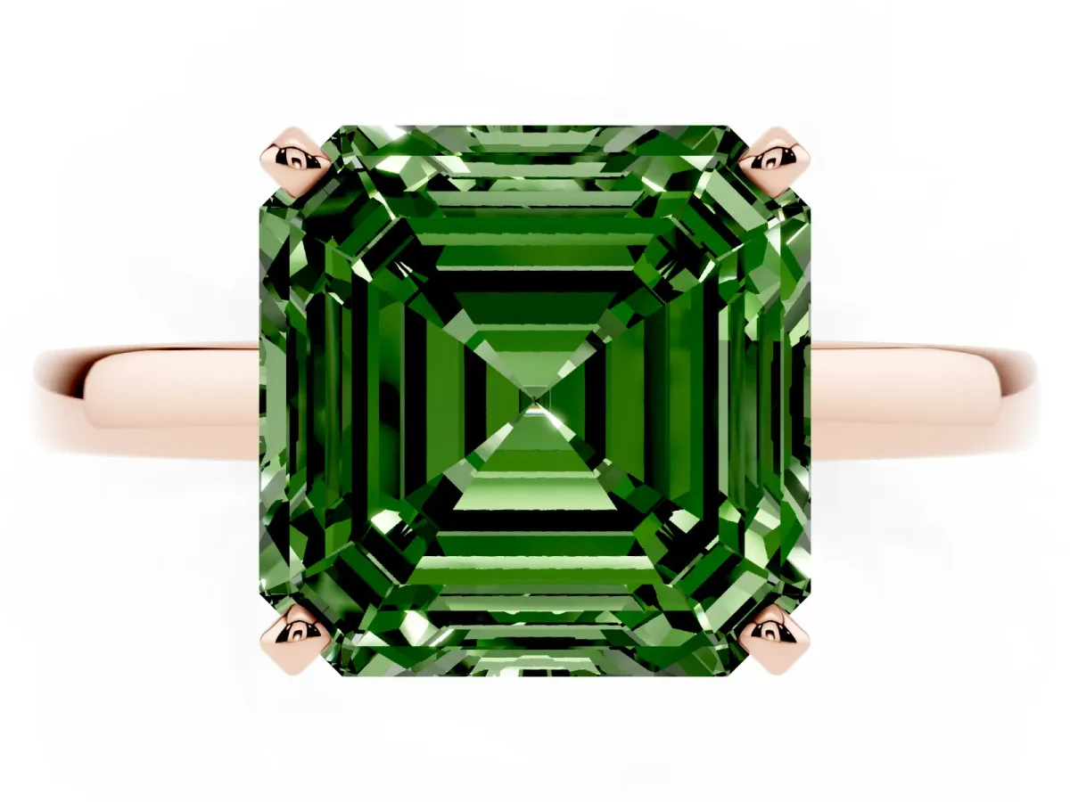 Fancy Green Asscher Cut Solitaire Diamond Engagement Ring with Four-Prong Setting on a Classic Band Rose gold