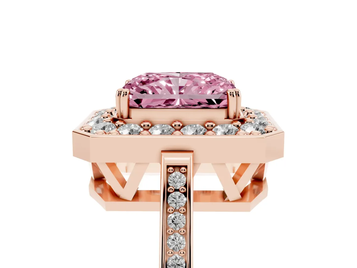 Fancy Pink Radiant Cut Diamond Halo Ring with Split Shank and Four-Prong Setting Rose gold
