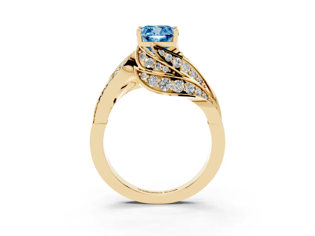 Fancy Blue Cushion Cut Diamond Solitaire Ring with Prong Setting and Twisted Pavé Band Yellow gold